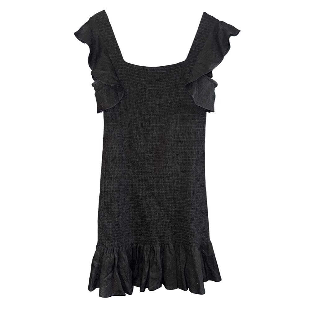 Band of Gypsies Linen Blend Smocked Mini Dress Large Ruffled Sleeve Black Party